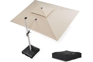 PURPLE LEAF Parasol Déporté 3 x 4 m Rectangulaire avec Pieds, Parasol de Jardin Extérieur à Toit Double Rotatif 360°, Convient aux Terrasses, Piscines, Cafés et Restaurants, Beige