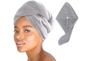 eon Genglass - Asciugamani per capelli in microfibra, super assorbente, set di turbanti per capelli ad asciugatura rapida, con bottoni per donne e ragazze (grigio (1 pezzo)