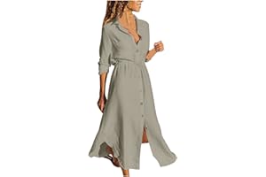 ZEIAYUAS Women Shirts Dress Cotton Linen Dresses Button Down Long Sleeve Sundress Ladies Casual Summer Boho Maxi Dress Sexy Elegant Dresses Smocked Beach Office Dress Vintage Evening Party Dress Plus Size 22