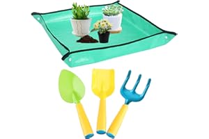 TIANHOO Zestaw narzędzi ogrodniczych dla dzieci, narzędzia do zabawy ogrodowe z matą ogrodową, grabie ogrodowe dla dzieci, 4 szt. małe narzędzie ogrodnicze, zestaw kielni plażowej, zabawki ogrodowe do użytku