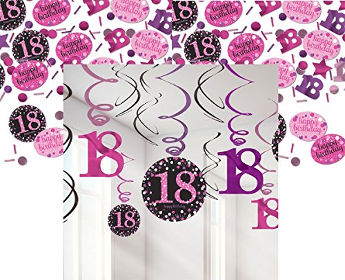 12x Deckenhänger Swirl und Tischkonfetti 18. Geburtstag in pink schwarz violett 18. Happy Birthday