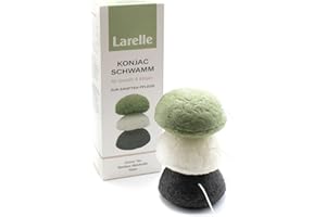 Larelle Lot de 3 éponges Konjac au charbon de bambou, thé vert, curcuma pour le corps, le visage, les peaux impures et grasses, les peaux mixtes, issues de l'agriculture biologique et durable