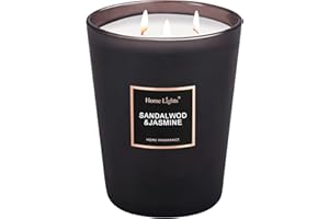 Home Lights Vela perfumada en tarro grande de diseño de lujo, 100% cera de soja natural, 33.26 oz, 3 mechas, altamente perfumada y duradera, sándalo y jazmín