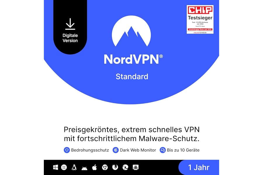 NordVPN Standard, 10 Geräte, 1 Jahr, VPN & Cybersicherheit, Digitaler Code