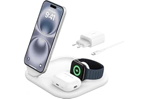 Belkin BoostCharge Caricabatteria magnetico pieghevole 3 in 1 con Qi2 da 15 W, Caricatore rapido compatibile con MagSafe, Apple iPhone 17, Air, Pixelsnap, Apple Watch ed AirPods, alimentatore - Bianco