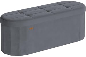 SONGMICS Förvaringsbänk, Oval Sittpuff med Förvaring i Sammet, 110 L | Sängbänk för Sovrum och Hall, 300 kg, 38 x 110 x 38 cm, Skiffergrå, MINOTA Kollektion LSF297GN01
