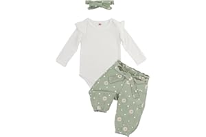 ABOHU 4 Piezas Conjunto Ropa Bebé Niña Recién Nacido, Manga Larga Mono con Volantes + Pantalones Florales + Diademas + Cinturón Conjunto, Conjuntos de Ropa para Bebés 0-12 Meses