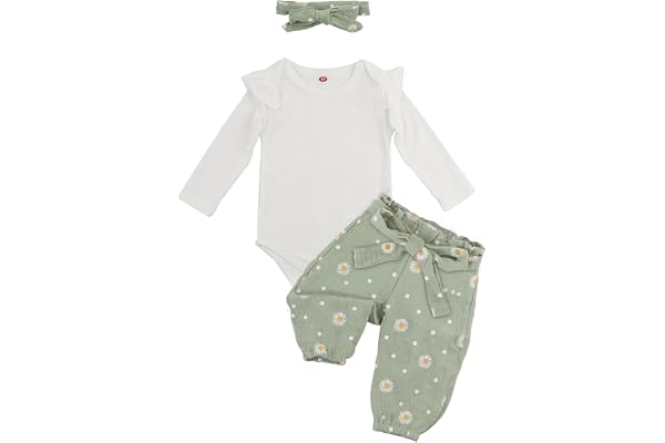 ABOHU Babykläder för Flickor, 3-delat Set med Volanger Långärmad Romper Blomstrade Byxor med Pannband, Babyklädsel Set för Flickor 3-12 Månader