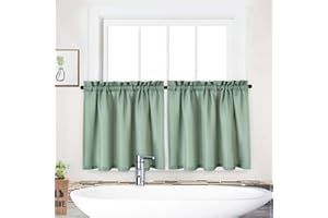 LinTimes Cortinas Disco Cáfe Cortina con cordón, Cortinas Disco Waffle Estilo Country para Cocina, baño, Cortinas bistró semitransparentes, 2 Piezas, Verde Salvia, 76x114cm
