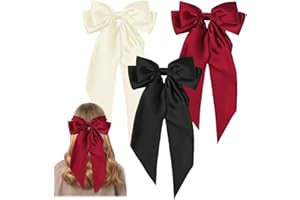 GWAWG Haarspangen mit großer Schleife, französische Haarspange, große Schleife, Haarnadel mit langem seidigem Satin, einfarbig, Weiß und Schwarz und Rot, für Damen und Mädchen, 3 Stück