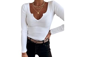 TrendiMax T-shirt à manches longues pour femme - Col en V profond - Stretch - Manches longues - Décontracté - Basique