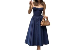 JINSHA Damen Vintage Sexy Sommerkleid Langes Dress Ärmellos Spaghettiträger Freizeitkleid Beach Urlaub Cocktail Party Camisole Dress Festliches Kleid A-Linie Kleid Einfarbig mit Taschen Damen
