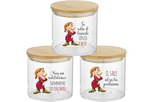 Generico ''Brontolo'' Set Tris Barattoli per Sale Caffè Zucchero Confezione da 3 Contenitori Trasparenti In Vetro Personalizzati Con Coperchio Legno 2 Idea Regalo Arredo Decorazioni Casa Cucina