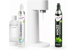 SODATASTE Sparpaket: Mysoda Woody - Wassersprudler aus erneuerbarem Holzkomposit mit 1L BPA-freier Plastikflasche, CO2-Zylinder Classic + CO2-Zylinder Minze (Weiß)