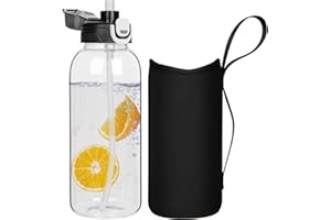 DEARRAY 1.5l Gourde en Verre avec Paille, 1.5 litre Bouteille d'eau en Verre Borosilicaté Anti-fuite avec étui de Protection en Néoprène
