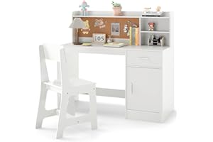 LIFEZEAL Kinderschreibtisch mit Stuhl Set, Multifunktionaler Kinderlerntisch mit Regal & Schublade & Pinnwand, Schreibtisch Kinder mit ergonomischer Hocker für Schüler (Weiß)