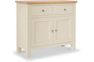 RoselandFurniture Farrow Cream Small Sideboard for Living Room | Fully Assembled Painted Storage Cabinet Solid Wood 2 Door Cupboard with 2 Drawers & Oak Top for Kitchen, Dining Room or Hallway