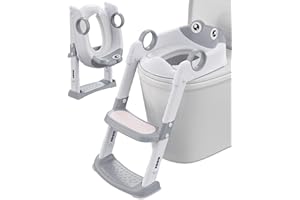 XESPIS Reducteur Toilette Enfant, Rehausseur Toilette Enfant, pour Garçons et Filles, Hauteur Réglable et Pliable, Adaptateur Toilette Enfant avec Coussin, Anti-éclaboussures et Antidérapant(Blanc, Gris)