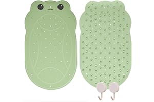 YERIA Antypoślizgowa mata do wanny dla dzieci – zabawny kształt żaby, nie zawiera BPA, 76 x 45 cm, w zestawie 2 haczyki do zawieszenia, zmywalna mata antypoślizgowa do wanny i prysznica