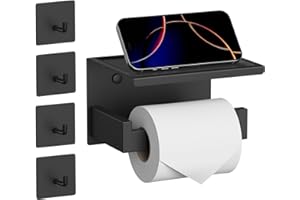 HITSLAM Porta Rollos de Papel Higienico con 4 Ganchos, Portarrollos Baño Adhesivo, Soporte Papel Higienico con el Teléfono Móvil Estante, Portarrollos para Papel Higiénico sin Taladro o Montado Negro