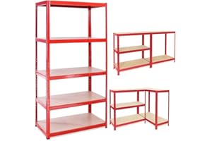 ANSIMIDA Heavy Duty 5 Tier Garage Shelving Units Metal Storage Shelves Shed Utility Rack,150cm x 70cm x 30cm,175KG Per Shelf, Red