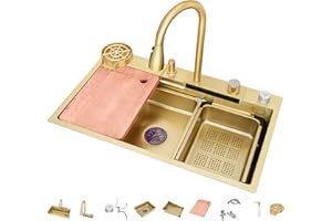 GMTSTORE 304 Fregadero De Cocina De Acero Inoxidable Fregadero De Barra De Cascada Multipropósito Fregadero Para Caravanas Con Grifo Extraíble Y Componentes De Drenaje (Color : Gold-b, S : 68x45x22cm)