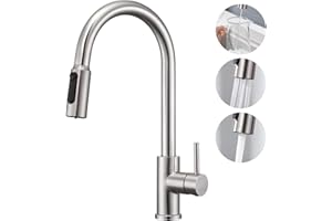 CREA 3 Way Water Filter Tap with Pull Out Sprayer, 360° Swivel Single Handle Triflow Kitchen Tap, Stainless Steel
