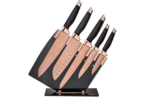 Tower Kitchen Knife Set with Acrylic Knife Block, Damascus Effect, Stainless Steel Blades, Rose Gold and Black, 5 Pieces