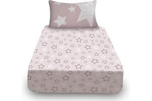 VELVETIO Easy Care Kids Fitted Sheet with Matching Pillowcase, Breathable Printed Stars Bedsheet Single, Soft Polycotton Boys & Girls Bedding Bedset, Blush Pink