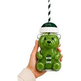 Ayıcık Cam Bardak 500 ml Şeffaf Kalın Cam Kağıt Pipetli Soğuk İ&ccedil;ecek, Kahve, Detoks ve Frozen i&ccedil;in Uygun Yeşil