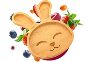 nohla ® - Billie The Bunny - Bamboo Baby Weaning Suction Plate - 23.9cm x 18.3cm - Spill-Proof Hard Suction Base - Ideal from 6 Months - 100% Bamboo & FDA Silicone - Organic & BPA-Free - Cherry Colour