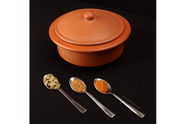 Swadeshi Blessings Handgjorda exklusiva sortiment oglaserad lera hantverk/jordnära Kadai/Mitti Bhagona/terrakottakruka med lock för matlagning och servering, 2,5 liter (naturlig eldningsskärm och spegelglans) + stativ
