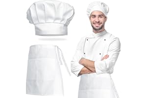 dafuhao Kochmütze Schürze，Verstellbare Kochmütze Latzschürze，Schwarz/Weiß Kochmütze Atmungsaktive Backschürze，Kochhut Hoch Kochschürze kurz für Männer Frauen für Bäcker Küche Hause Restaurant Hotel