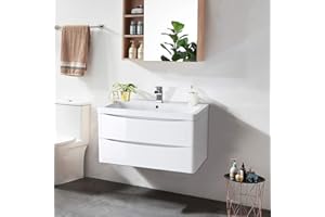 NRG 800mm Gloss White 2 Drawer Wall Hung Bathroom Cabinet Vanity Sink Unit with Basin