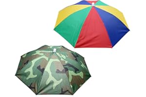 CHUNLINLAODA 2 PCS Umbrella Hat Head Umbrella Hat Adult with Adjustable Elastic Band Hat Head Umbrella for Adult Kid Outdoor Gardening Camping Fishing Festival Essential Rainbow Camouflage