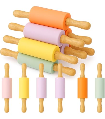 Miokun 6 Pack Kids Rolling Pins - 12 Inch, Silicone & Wood, 6 Colors, Baking Tools For Children