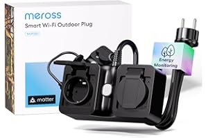Meross Presa Smart Esterna Matter Simple Setup con Monitoraggio Consumi, Presa WiFi Esterno Impermeabile IP44 Compatibile con HomeKit, Amazon Alexa, Google Home, Cavo di 1,5M