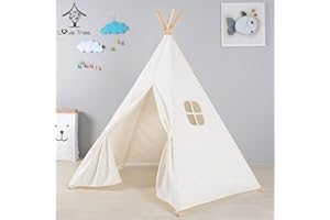 Jodimitty Kids Teepee Tent Larger 140x140x180cm Cotton Canvas Tipi Tent for Girls Boys, Portable Play Tent for Indoor and Outdoor, with Carry Bag & 12 Flags, Window Design (White)