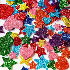Kidivo Foam Glitter Stickers Self Adhesive, Mini Heart and Stars Shapes for Kids Arts Craft Supplies Greeting Cards Home Decoration (120 Pieces)