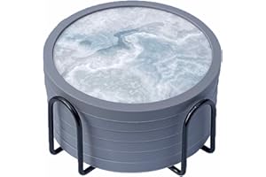 NEXVORO Absorbent Coasters for Drinks with Holder - 6packs, Silicone Coasters with Soft Felt Insert, Marble Style