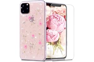 OKZone Kompatible mit iPhone 11 Pro Max (6,5 Zoll) Hülle [mit HD-Schutzfolie], [Getrocknete Blumen] Blume Gepresst Handyhülle Kristall Gel Schale Schutz Echte Blume Bumper Case Cover Hülle (Rosa)