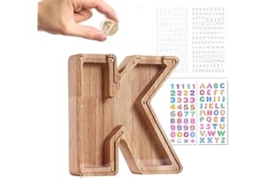 Wivico Wooden Letter Money Box|Reward Jar|Piggy Banks for Kids|Personalised Fillable Letters Clear Money Box|A-Z Letters Coin Bank for Christmas Birthday Gift/Keepsake|with Alphabet Stickers(K)