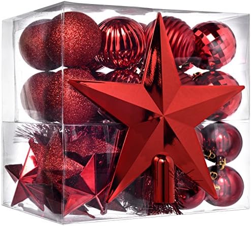 WeRChristmas 42-Piece Shatterproof Baubles Decoration Pack with Tree Topper & Garland - Red, Red