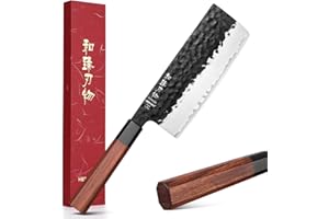 HEZHEN Coltello Nakiri, Stile Giapponese Coltello a Mannaia, Multiuso Coltello da Cuoco Asiatico Per Affettare Carne e Tagliare Verdure, Manico Ergonomico Ottagonale in Legno di Sequoia