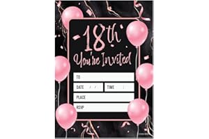 Kirsten McMillan 32 Black & Pink Balloon Birthday Invitations - Age 18 A6 Birthday Party Invitations Cards for Adults with Envelopes – Invites Designed and Printed in the UK