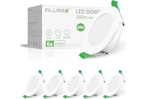 ALUSSO LED Downlights for Ceiling 4W 280LM, Cool White 6500K Recessed Ceiling Lights, Ultra Slim Cutout Φ55-68MM Spotlights, Beam Angle 120° Round Spots IP44 for Bathroom Bedroom Kitchen, 6 Pack