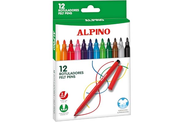 Alpino 12 Rotuladores de Colores | Punta Resistente de 3mm para Colorear | Tinta Súper Lavable y de Larga Duración | Estuche de Rotuladores de Colores Brillantes | Material Escolar