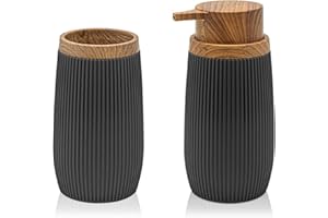 Inbagno Set 2 Pezzi Dispenser Sapone e Porta spazzolino, in plastica Nero, con Dettagli Effetto Legno, Serie Blob