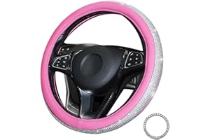 Lifetooler Coprivolante Auto con Strass Bling Bling Copri Volante in Morbida Pelle PU Traspirante 38 cm / 15 pollici Rivestimento Antiscivolo Volante con Strass Glitter Donna Ragazze (rosa-bianco)