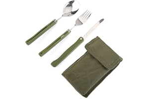 AGATIGE Zestaw przyborów kempingowych, składana łyżka ze stali nierdzewnej, widelec, nóż, zestaw bałaganu z torbą do przenoszenia na kemping, piknik, podróż